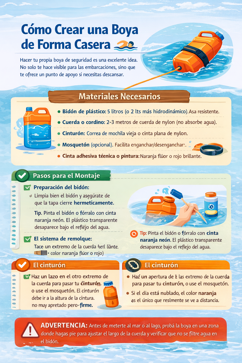 Infografía de cómo crear una boya casera para natación en aguas abiertas