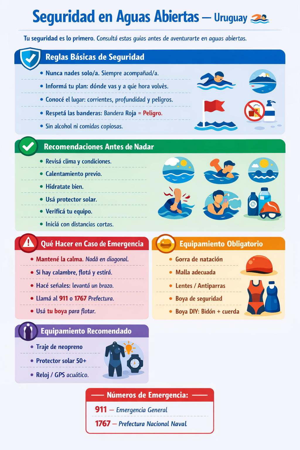 Infografía de seguridad en aguas abiertas: reglas básicas, equipamiento obligatorio y recomendado, recomendaciones antes de nadar y qué hacer en emergencias